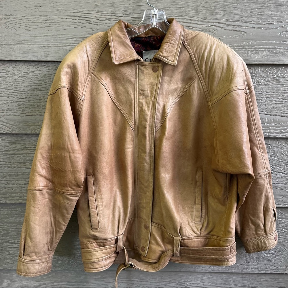 Vintage‎ Clipper Mist Tan Leather Short Jacket Pad Shoulders Women’s Large Korea